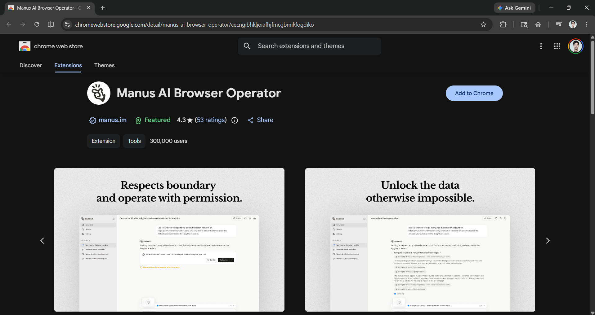 Manus AI browser operator Chrome Web Store
