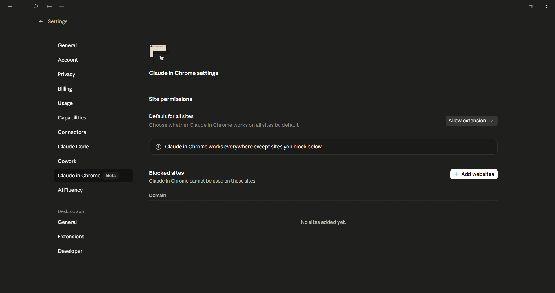 Claude for Chrome blocked sites