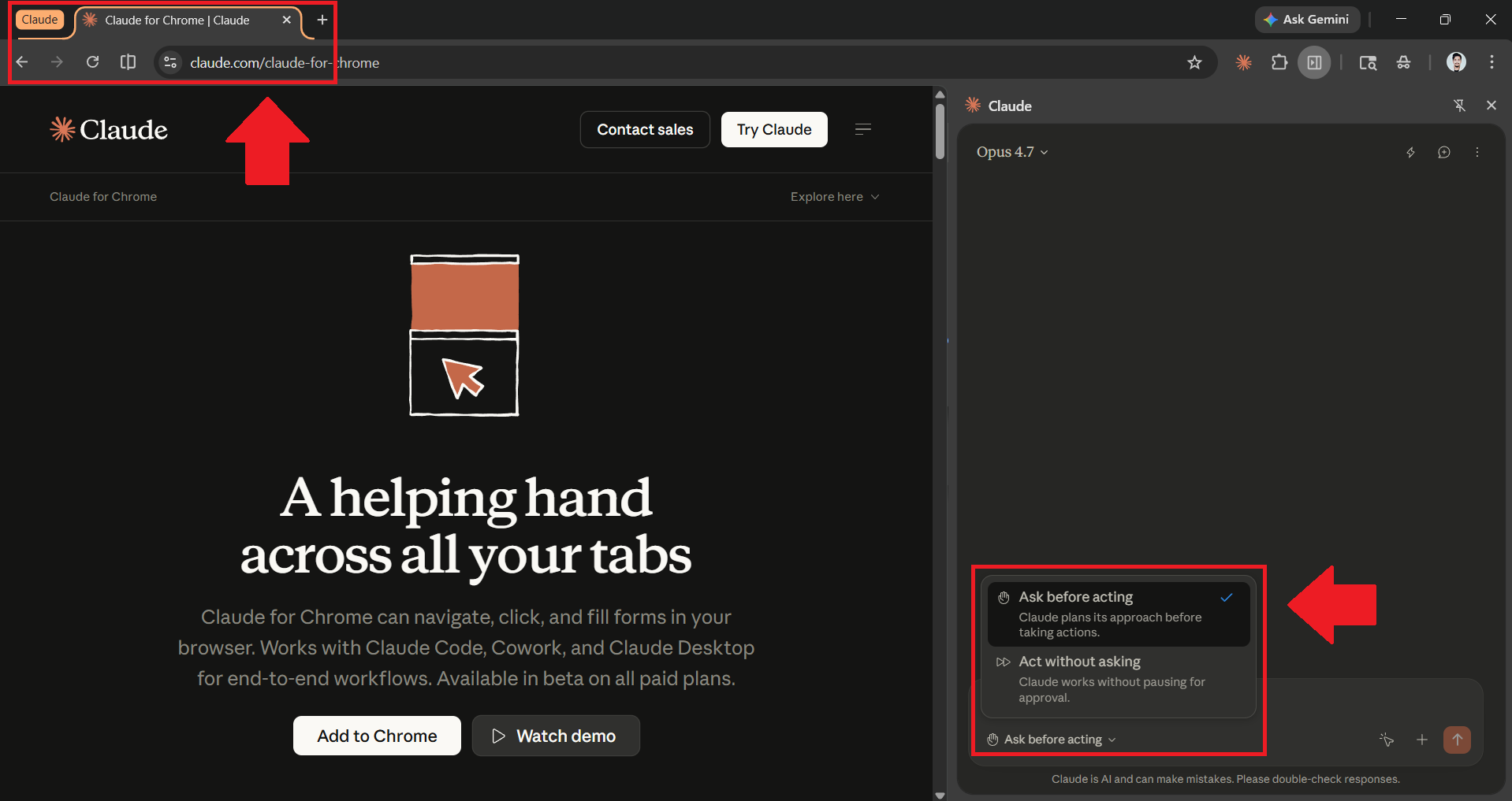 Claude for Chrome group and modes