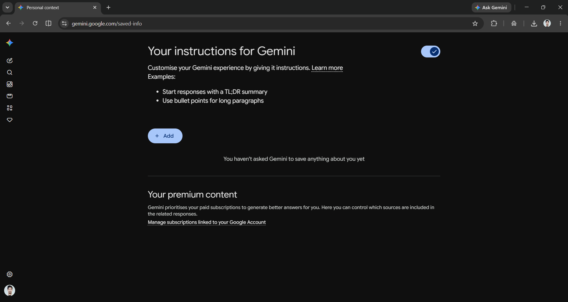 Gemini Saved info (personal context)