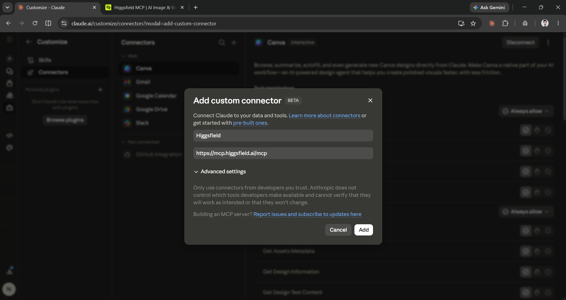 Add Higgsfield Custom Connector to Claude
