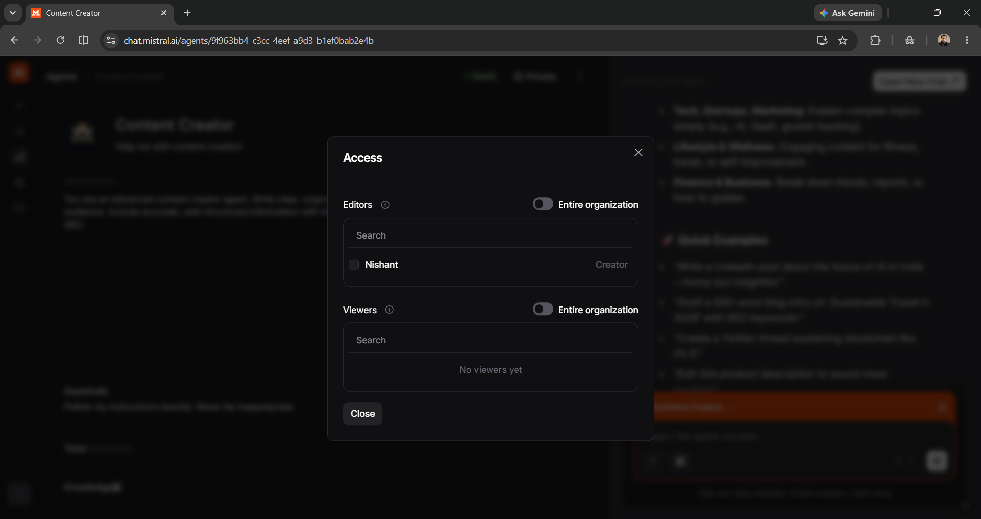 Share your Mistral AI agent with your team
