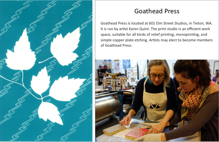 Photo of "Creek" linocut (left) by Sandra Dean; Karen Quint with artist Christie Tirado (right)