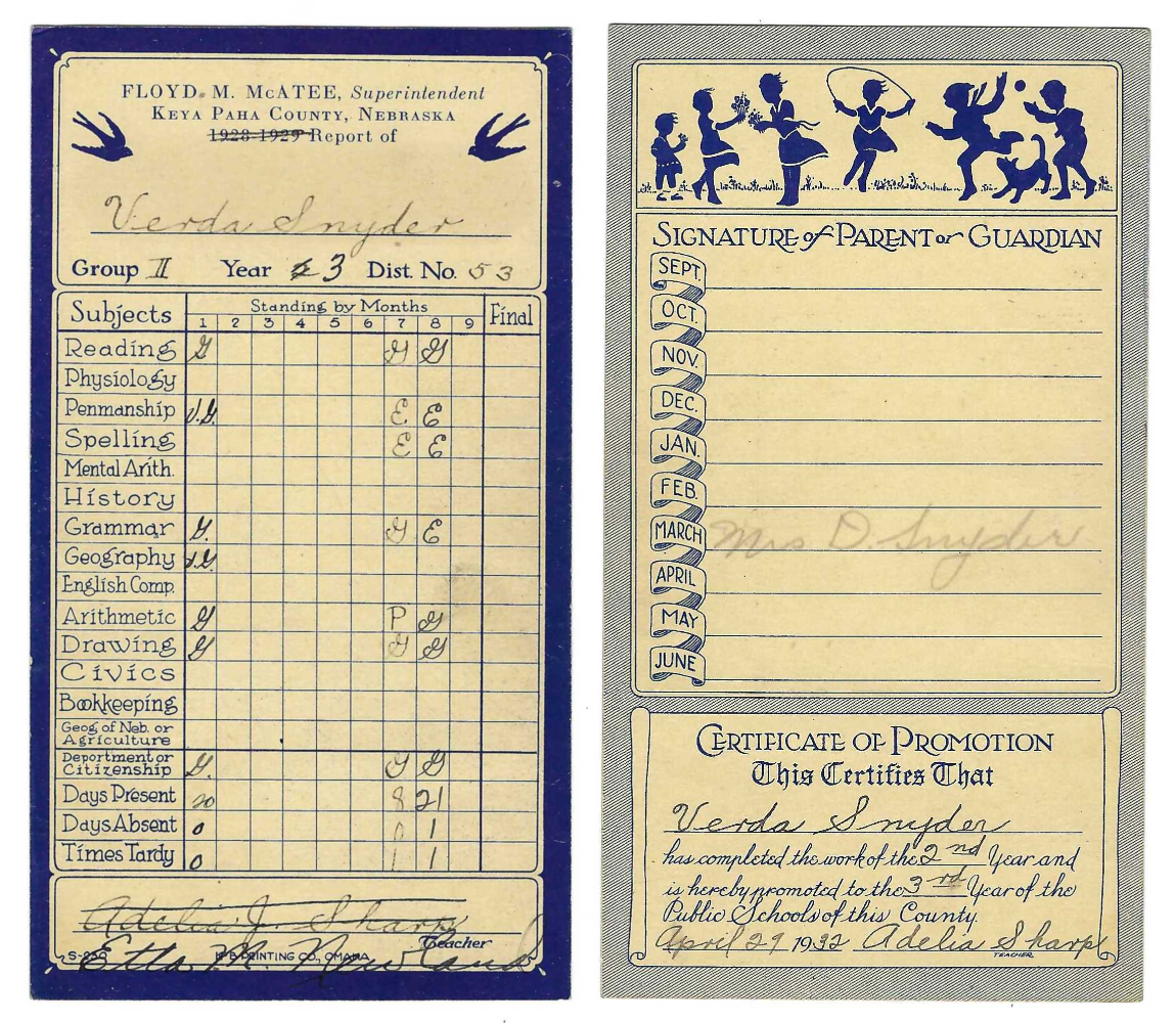 Image of my mother’s report card, class of 1932