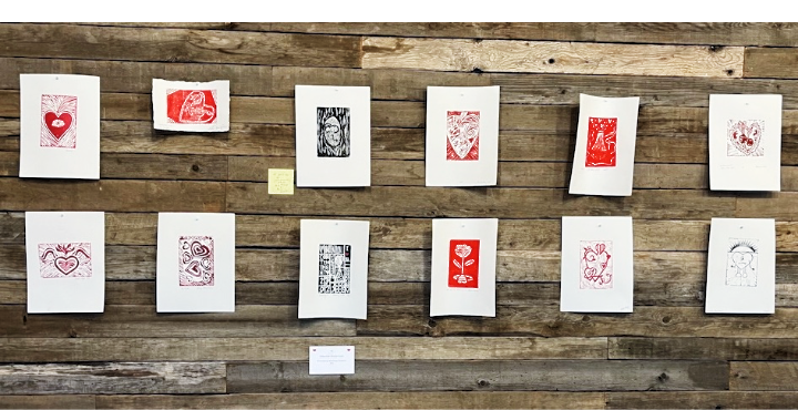 Photo of Linocut valentines by students of artist Christie Tirado