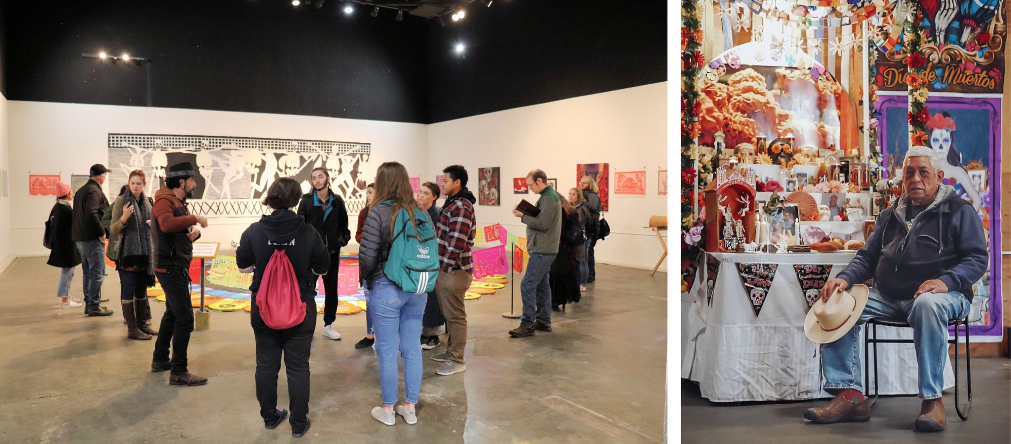 Photos of Day of the Dead sand painting by Fulgencio Lazio, and ancestor’s remembrance altar