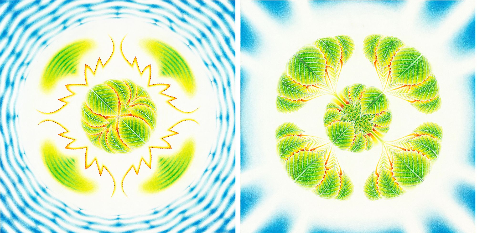 Image of paintings by Sandra Dean: Amnion (left) and Arpeggio (right), from her interrelated collection, From Seed to Universe