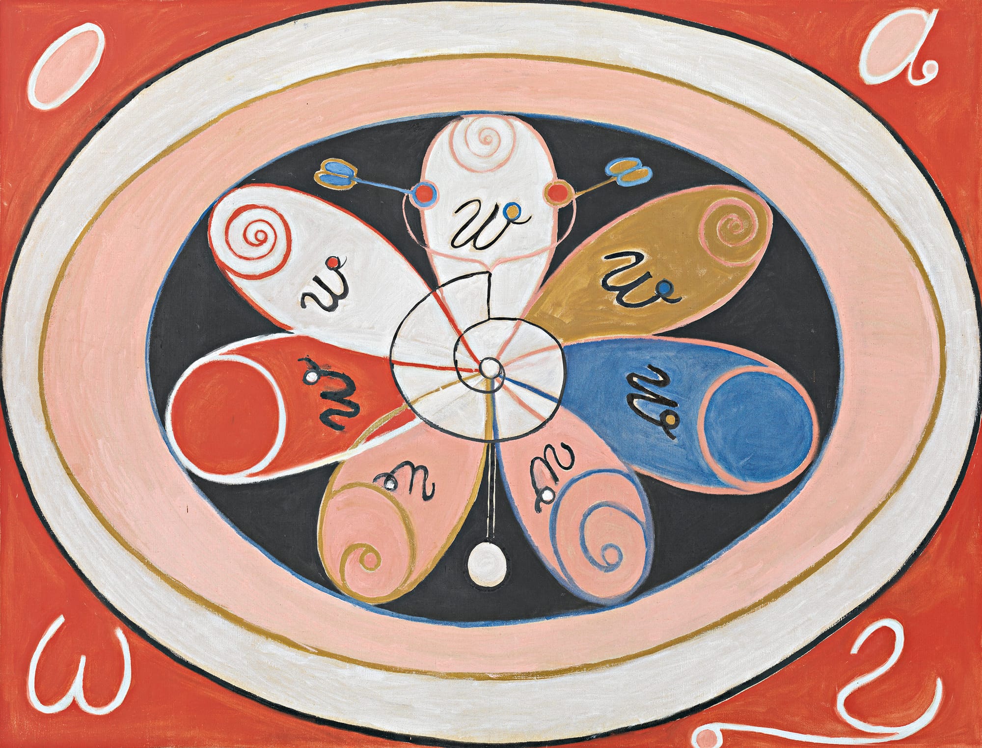 Paiting on red backgroun with symbols in the 4 corners and concentric ellipses (white, salmon, black) and spiral designs in the center.