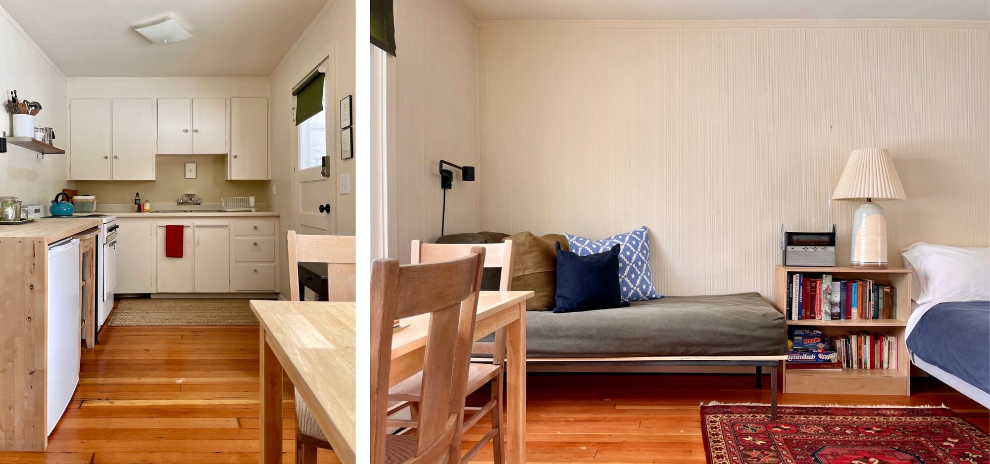 Photos of the kitchen and bedroom area of one of the El Nido cabins.