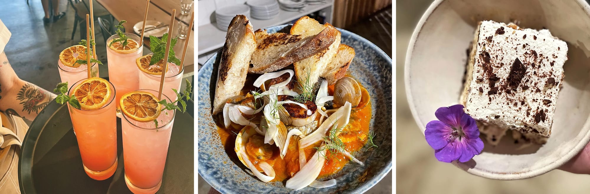 Sample of foods from Nomad kitchen: cocktails, seafood platter, tiramisu