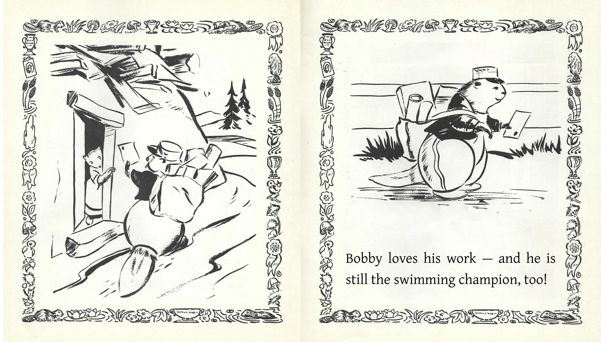 Bobby Beaver in mailman uniform delivering mail: "Bobby loves his work—and he is still the swimming champion, too!