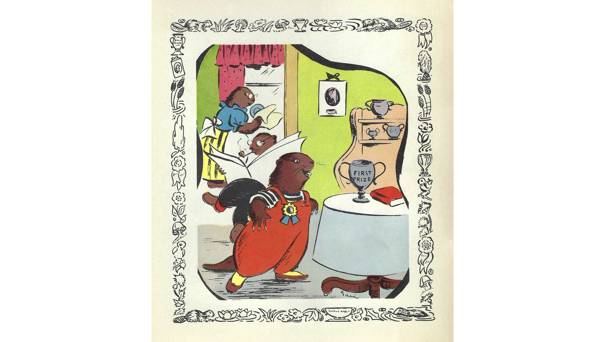 Illustration of beaver in human-type home wearing blue ribbon and approaching first prize trophy on table