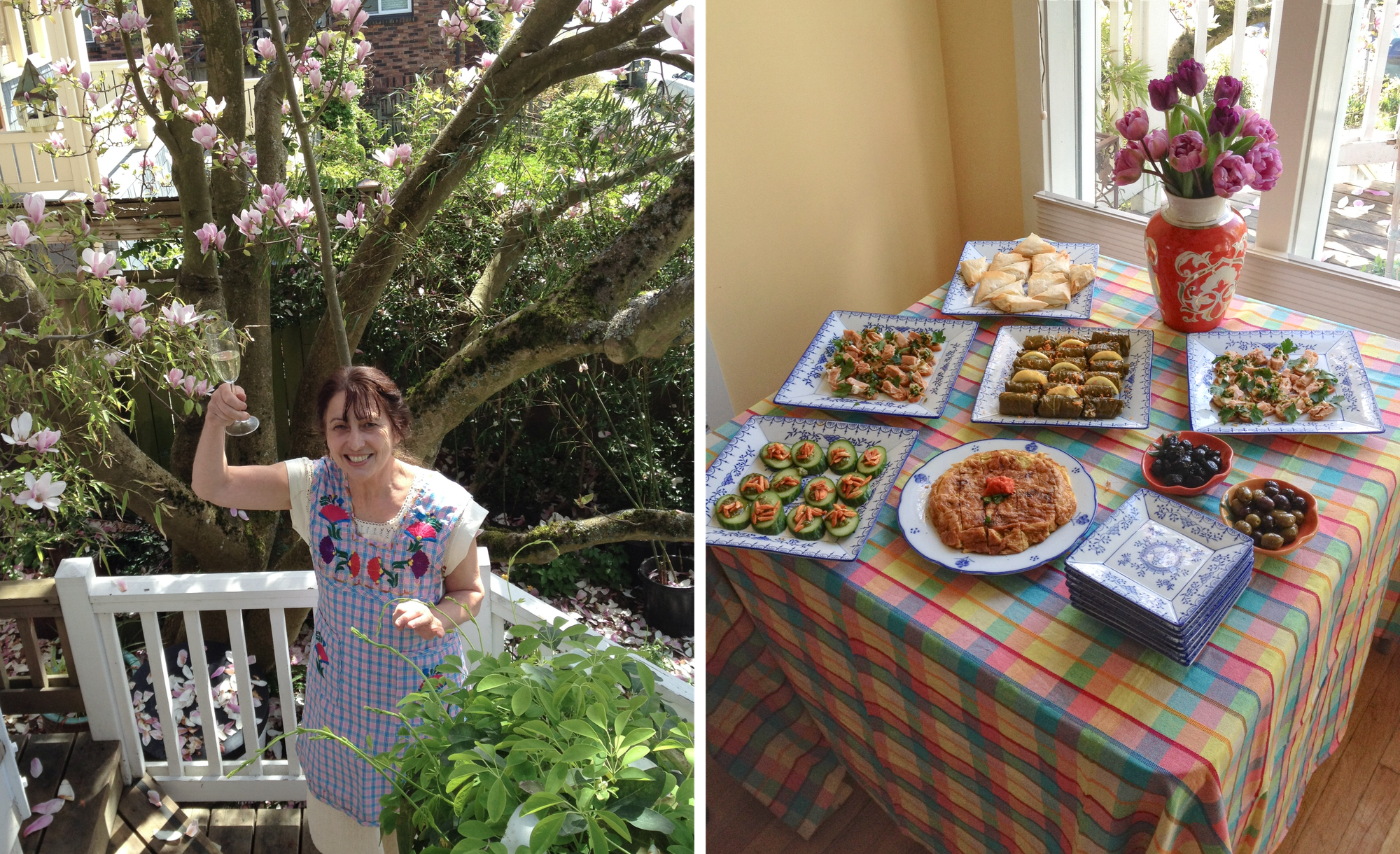 (left) Photo of Sandra holding a raised champagne glass on porch in front of magnolia; (right) Photo of buffet table with appetizers and vase of flowers in front of window