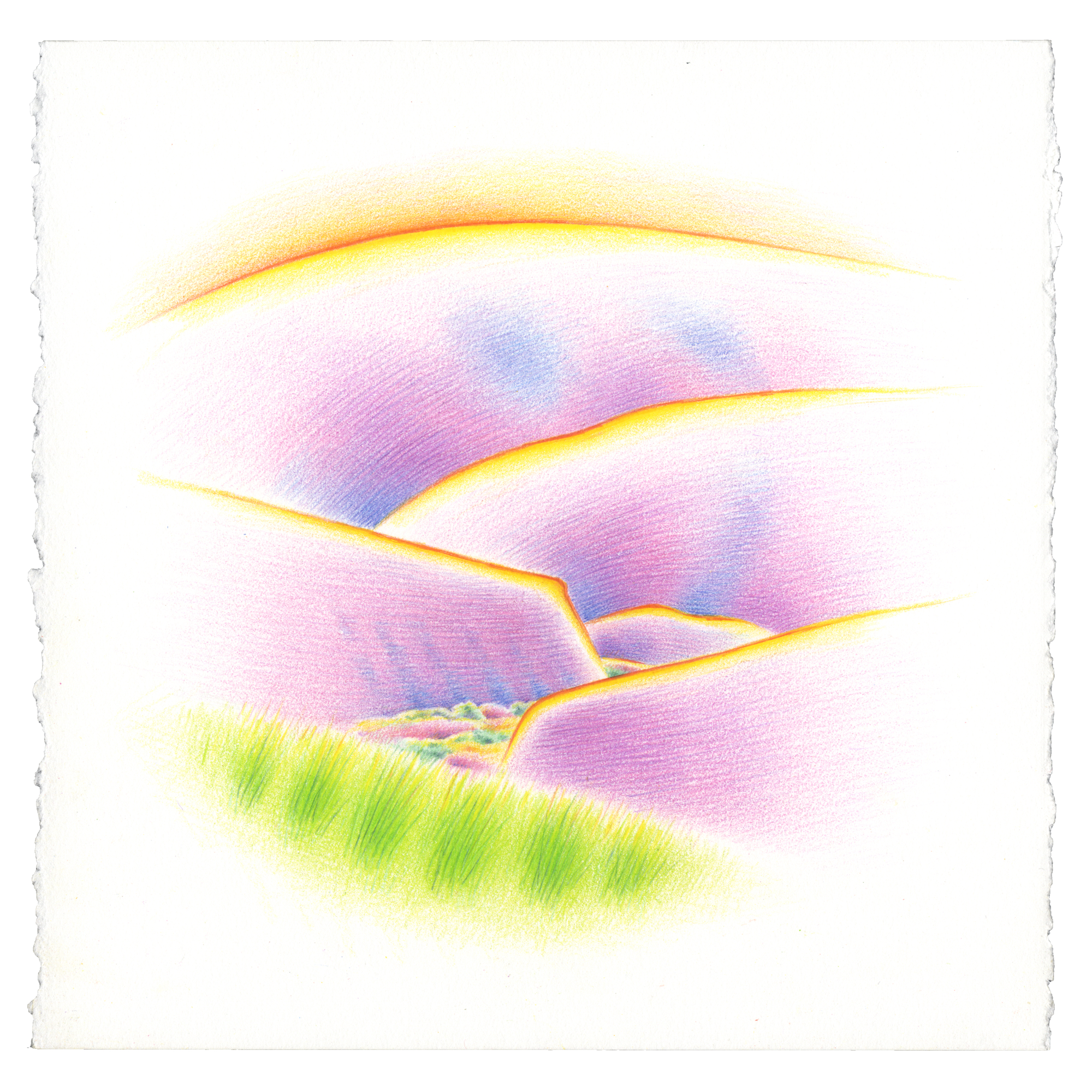 Painting of purple buttes in front of golden sunrise and behind green-yellow grasses