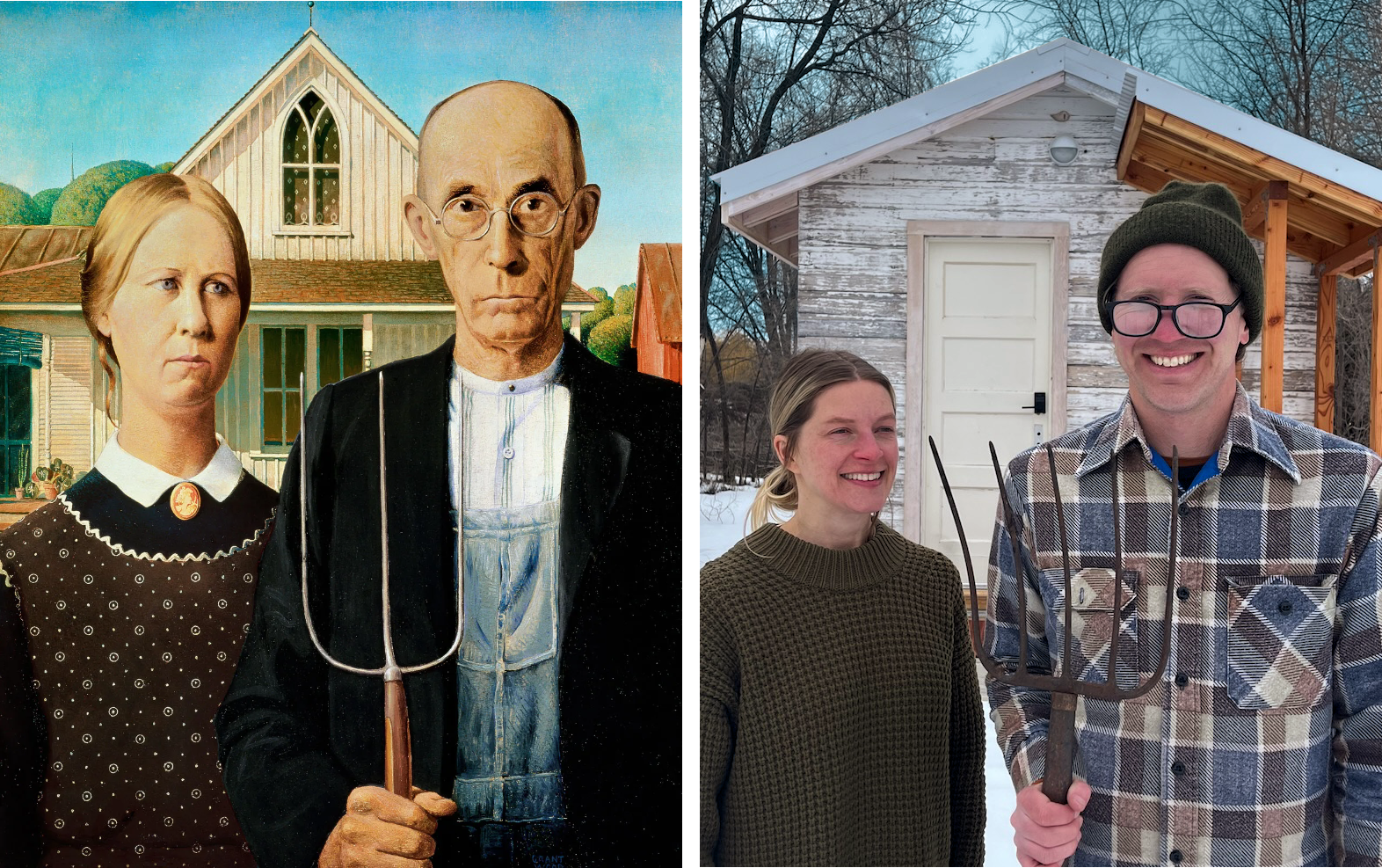(left) Image of Grant Wood's "American Gothic" painting: a severe-looking farmer couple, with wife on left in neck-high patterned black dress with white collar, and balkd husband with glasses on right, wearing a black coat over blue jean overalls and hold a 3-pronged pitchfork, with a gabled house behind them and green trees behind that; (right) Anne and Nick Felton in a similar pose, wearing casual clothes , with Nick holding a 5-pronged pitchfork, and sauna in the back in winter.