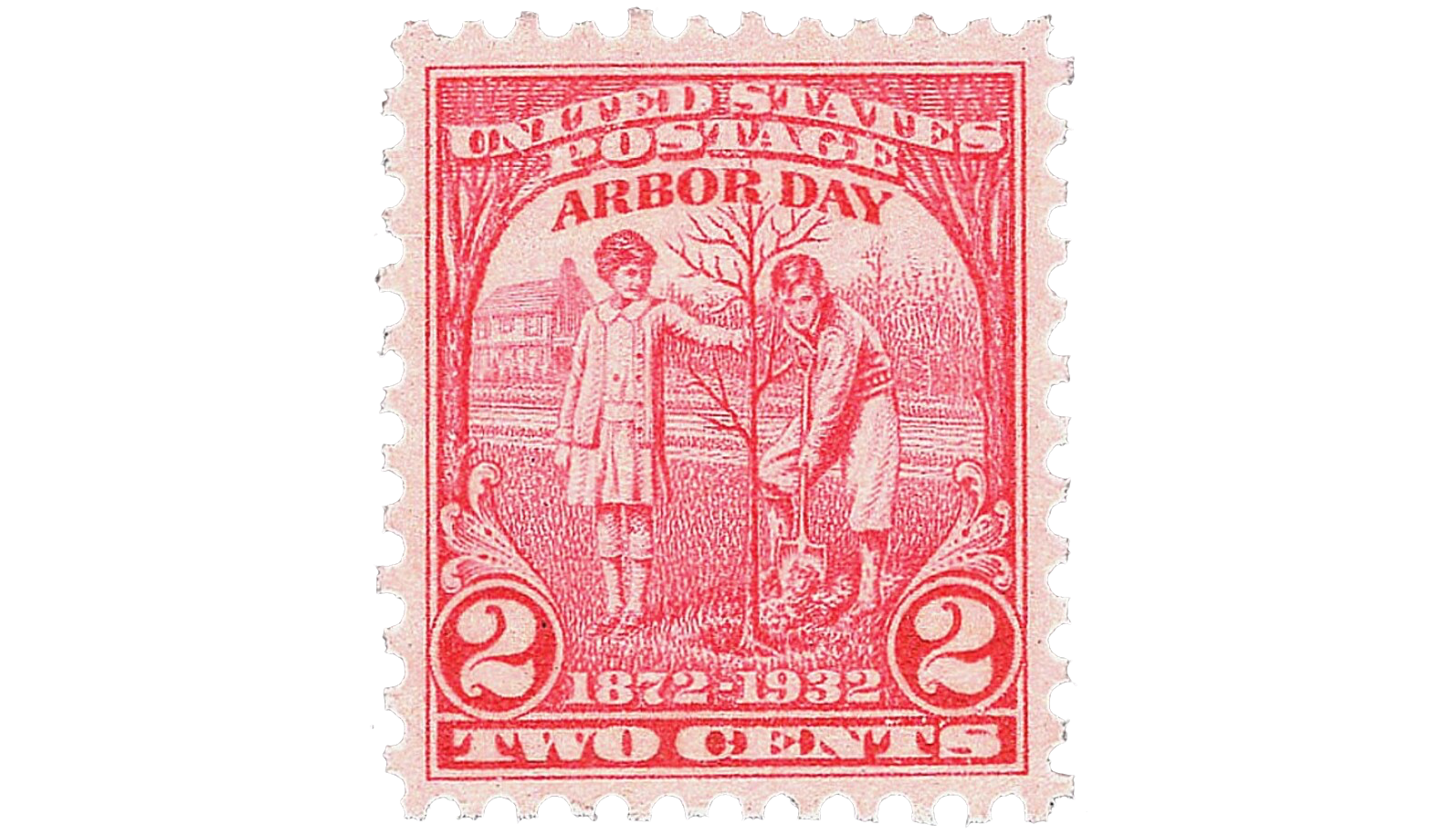 Image of 2-cent stamp in red printing, with two children planting a tree.