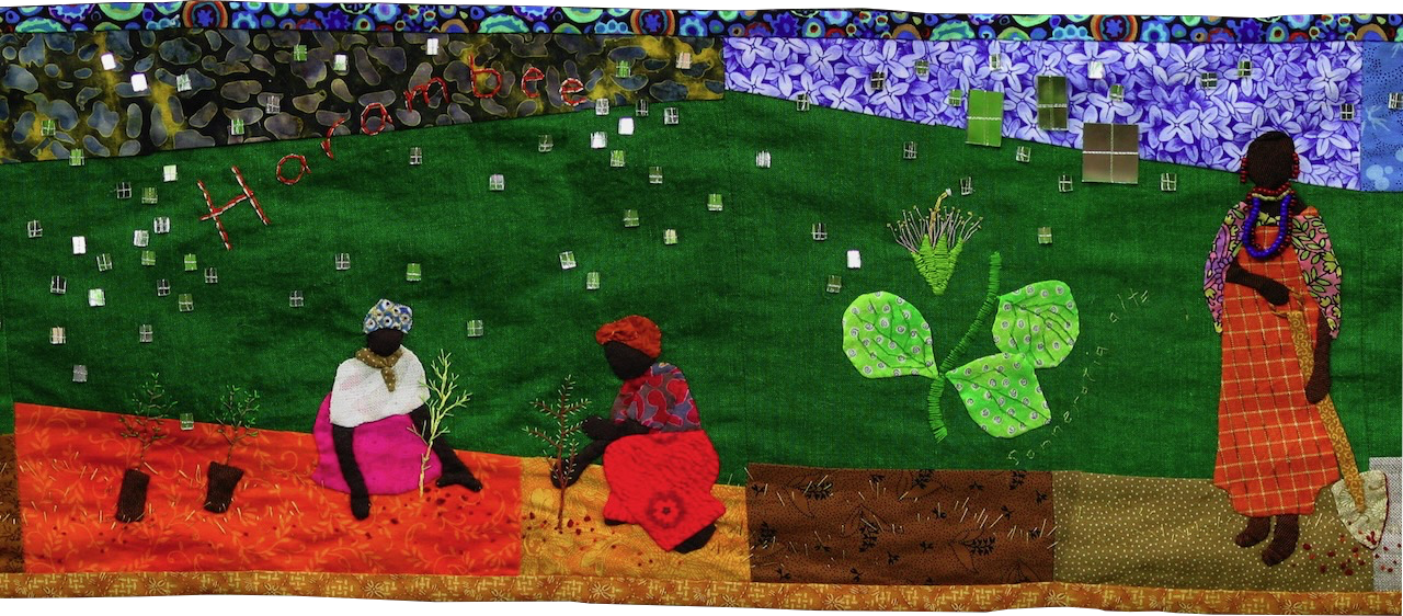 Photo of section of embroidered green belt installation showing Kenyan women tending their tree plantings