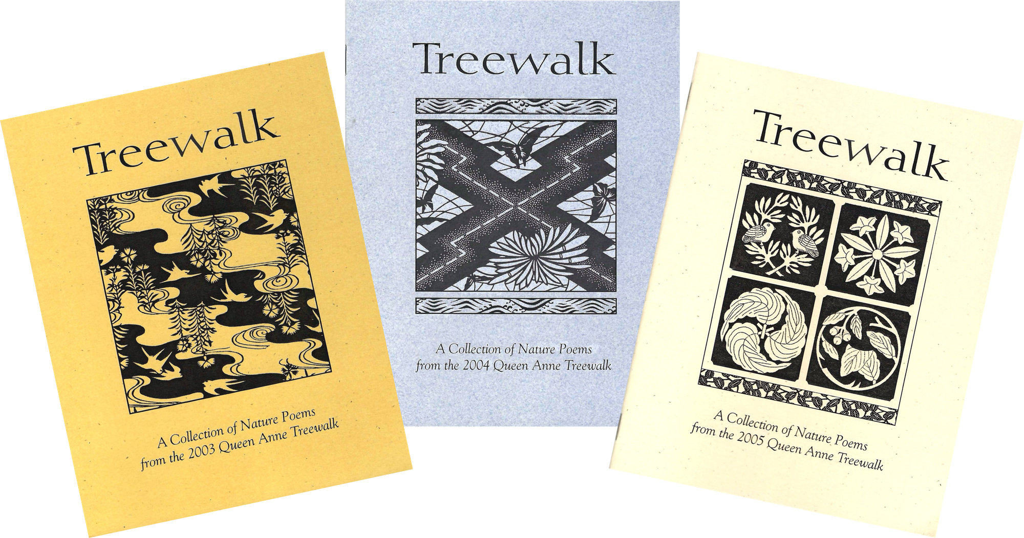 Photo montage of three small chapbooks of Treewalk poetry, arranged in a fan, in yellow, blue and cream, and with woodblock images on each