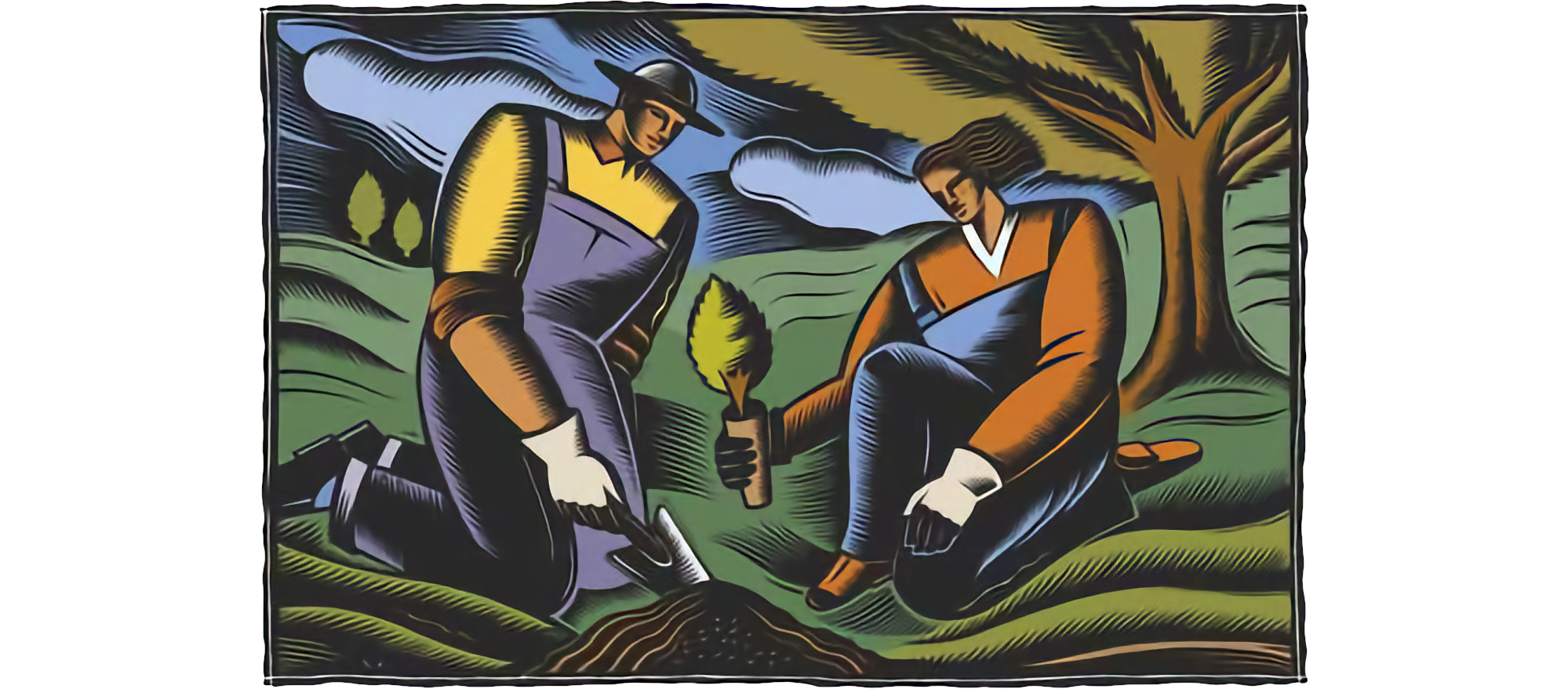 Stylized color image of man on left and woman on right, both kneeling and planting a tree.