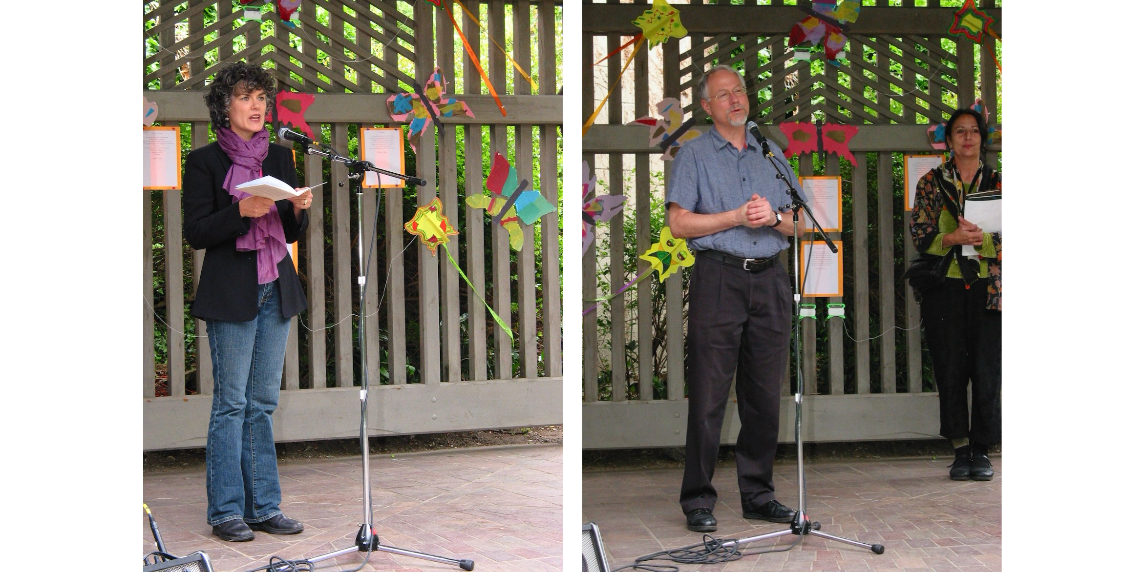Photo montage of two adults reading and reciting their poems on a small state with a wooden slat backdrop