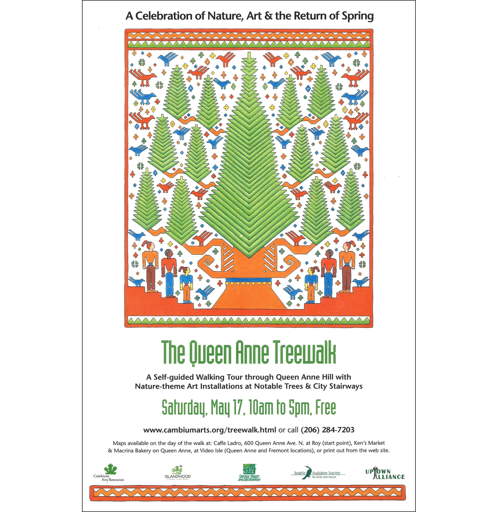 Image of poster with stylized evergreen trees and orange trunks, with 3 people looking up at them on each side.
