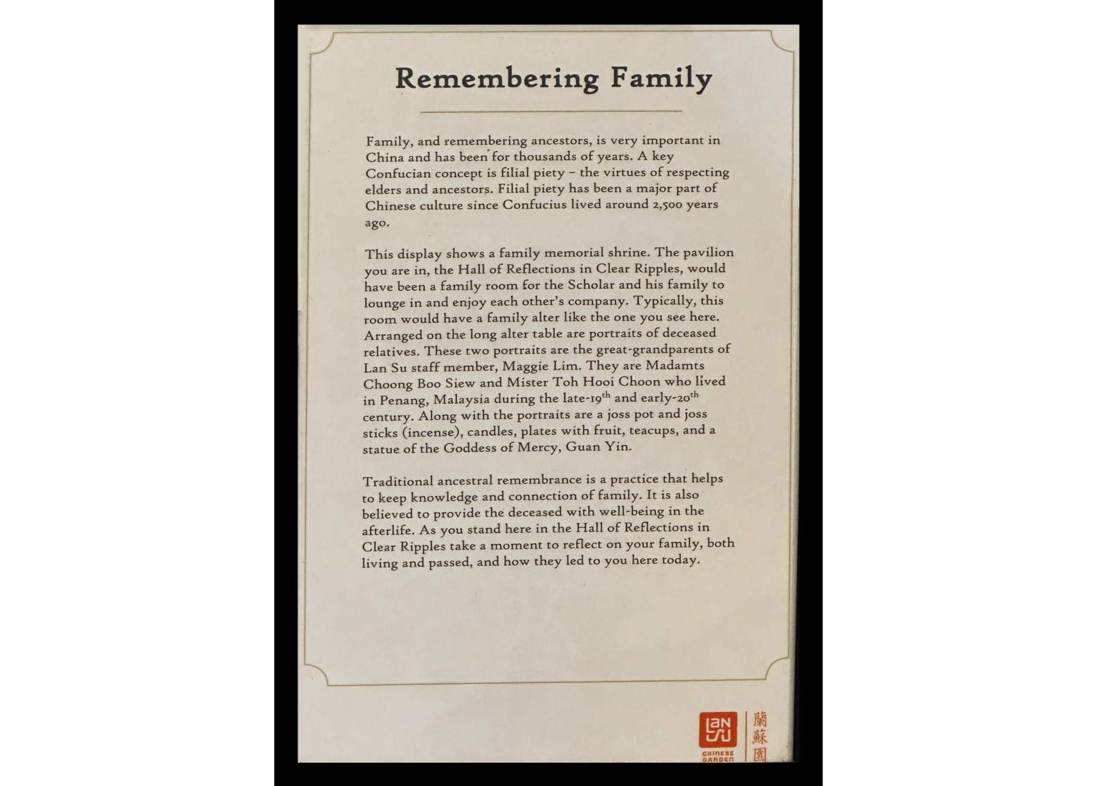 Photo of plaque "Remembering Family"