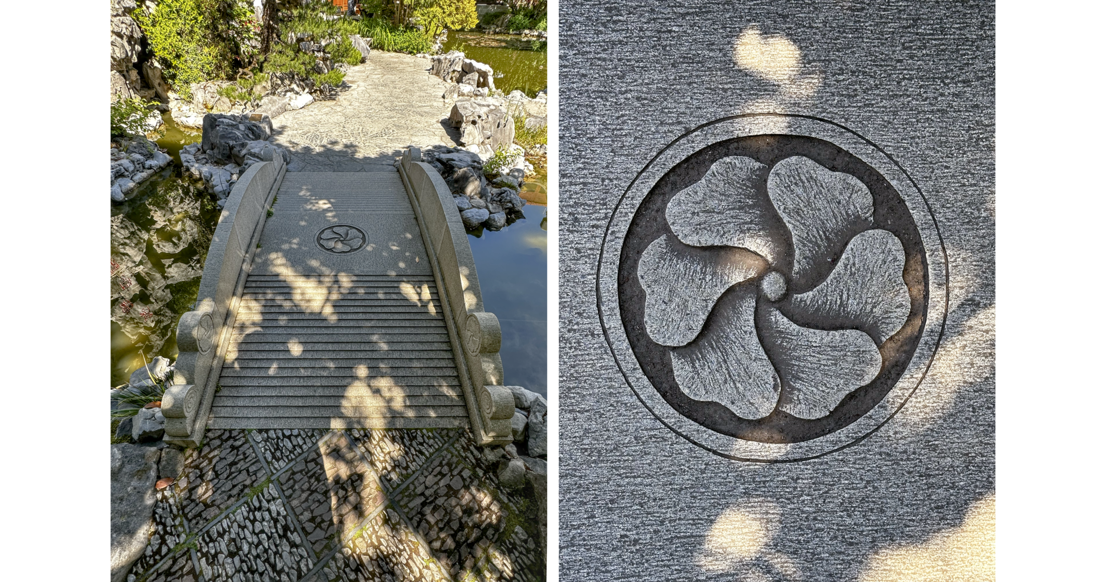 (left) Photo of light stone arched bridge with floral design in center, going over small waterway; (right) photo of 6-petaled stone flower