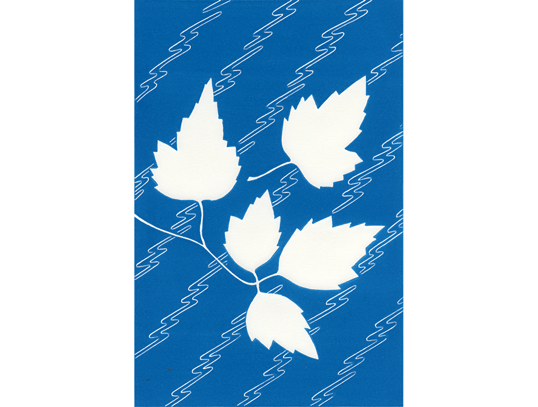 Image of woodblock print of 5 white leaves over a blue background with white waves