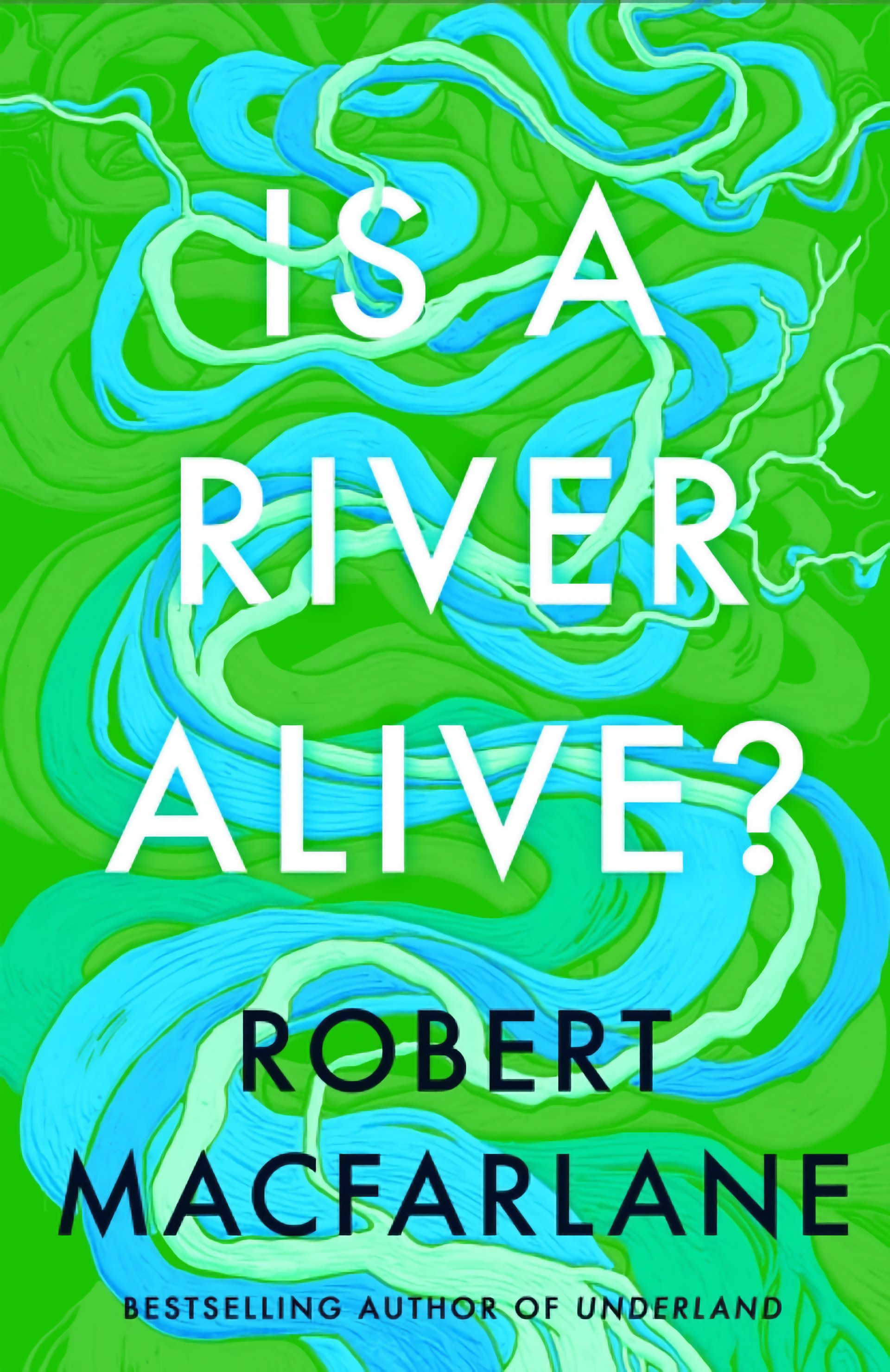 Image of cover of book showing winding blue river on green background