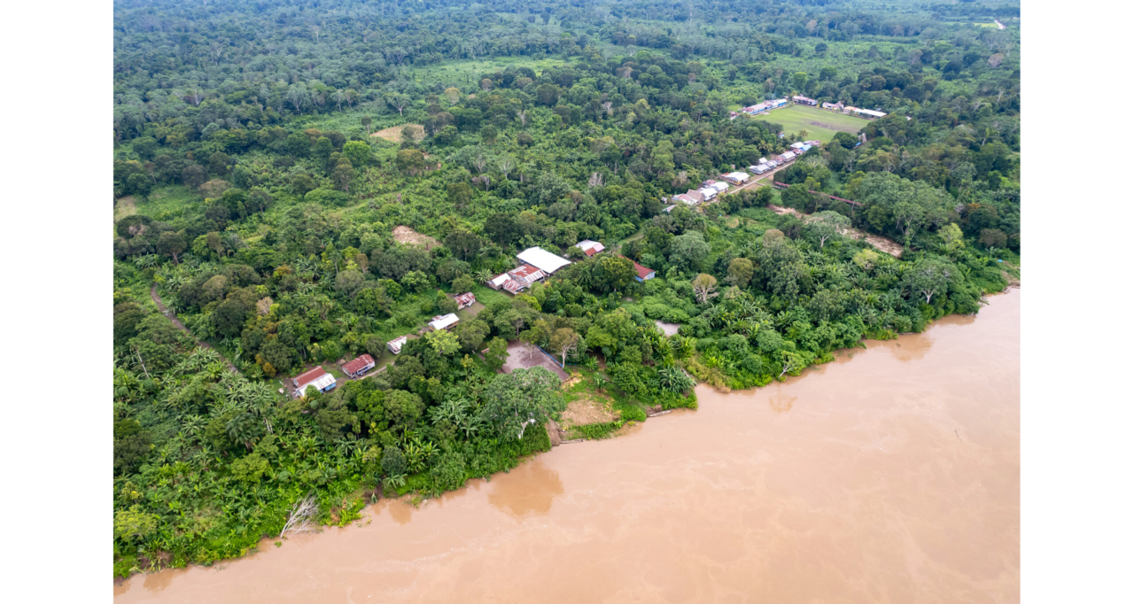 Aerial photo of a muddy river in the foreground, with houses parallel to the upper bank, surrounded by dense green vegetation