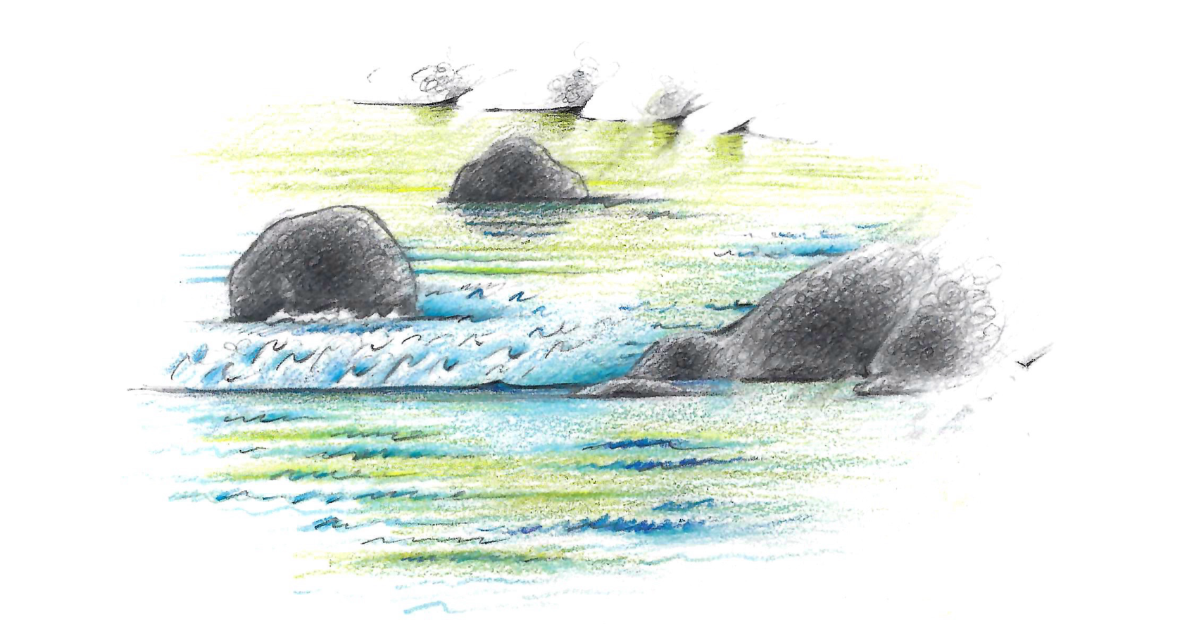 Image of drawing in blue, green, yellow, and green of 3 rocks in a river