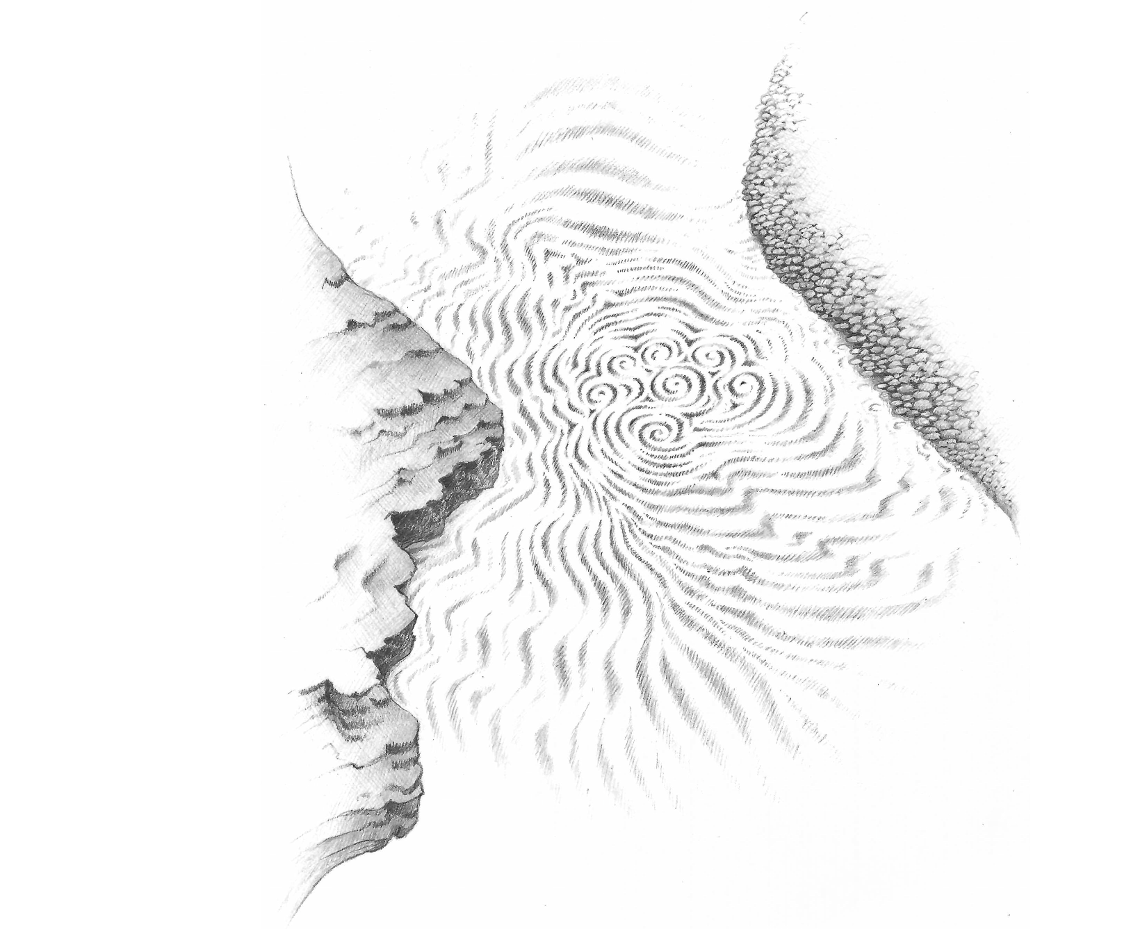 Image of drawing of whirlpool patterns in between two rocky banks of a creek