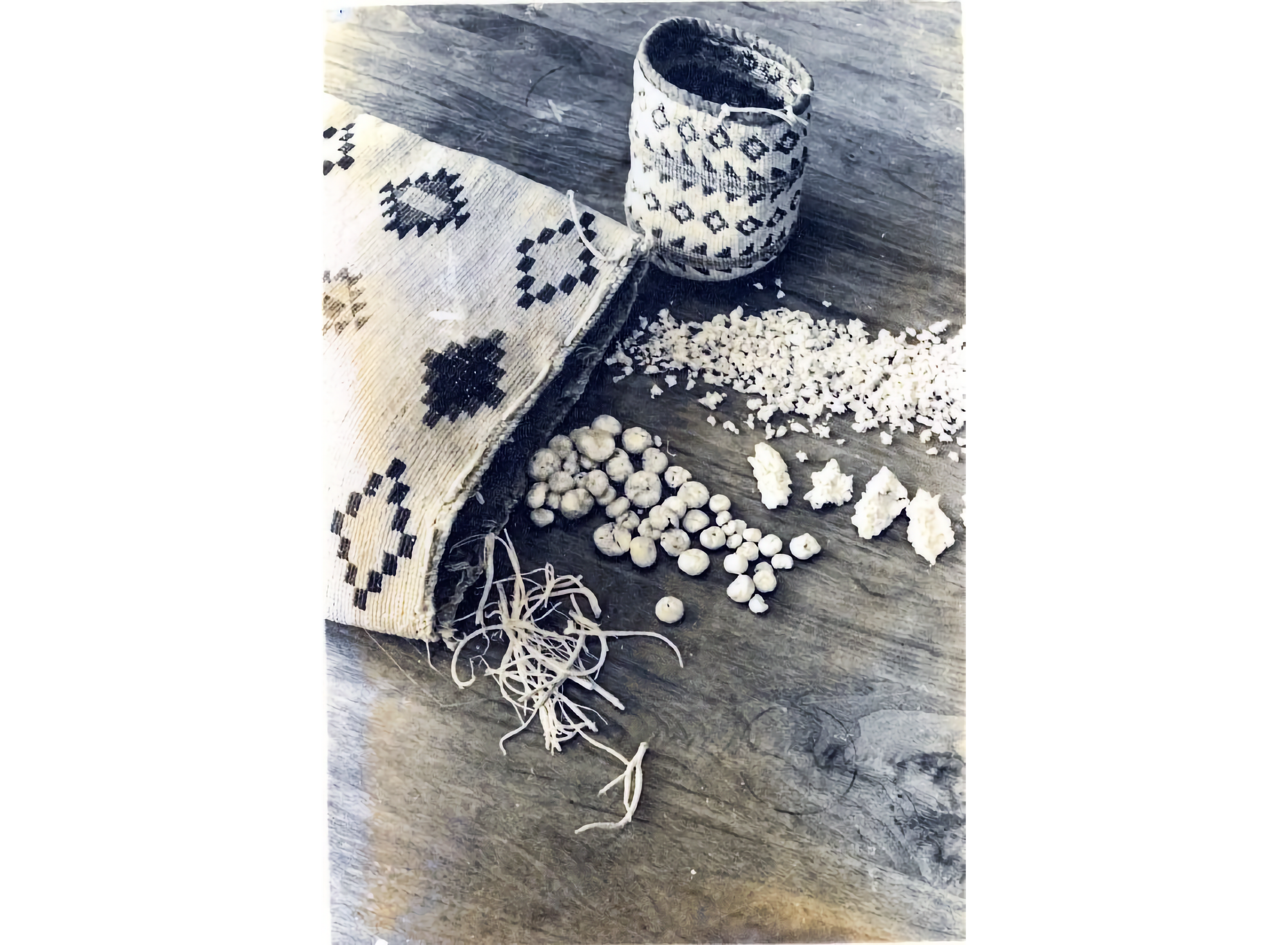 Photo of closeup of table section with two cloth bags with patterned weaving and various roots lined up outside them