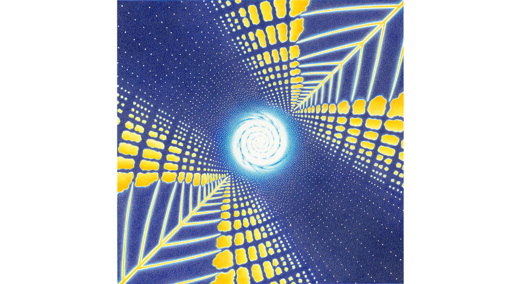 Image of square drawing with blue background, white spiral in middle, and yellow receding branches on lower left to upper right diagonal