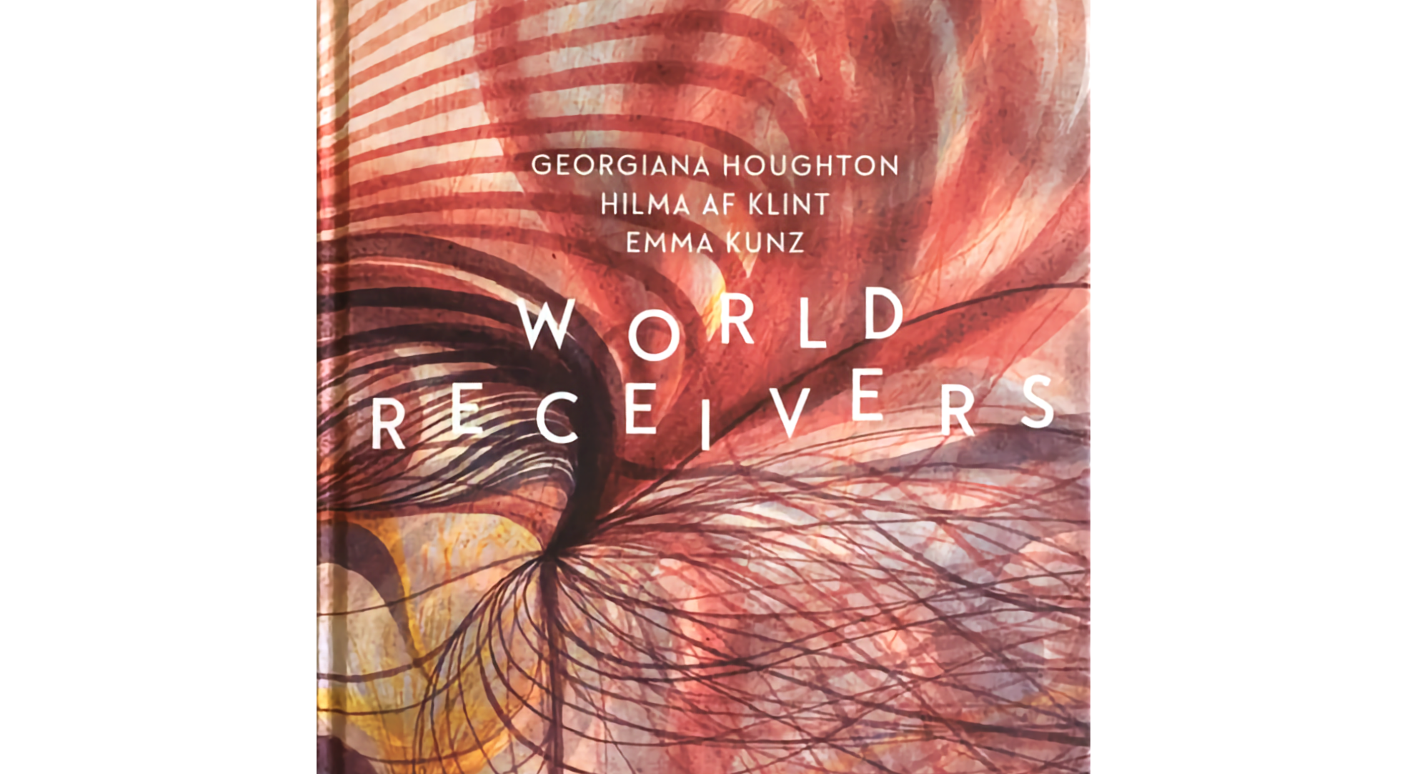 Image of red book cover with swirling line patterns, "World Receivers", featuring Georgiana Houghton, Hilma af Klint, and Emma Kunz
