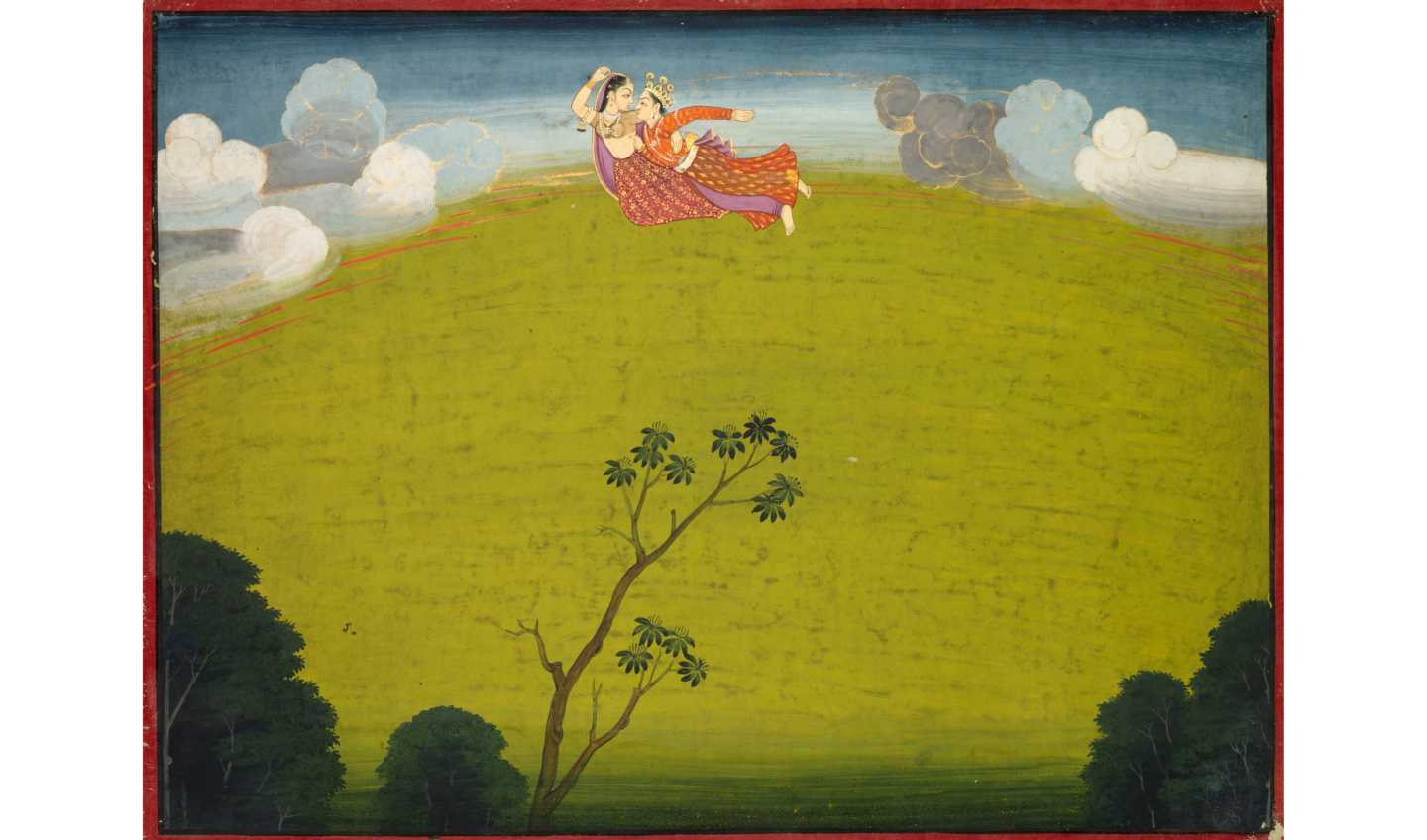 Image of two Indian gods flying upper center, over large green hill, with trees in foreground and clouds in background