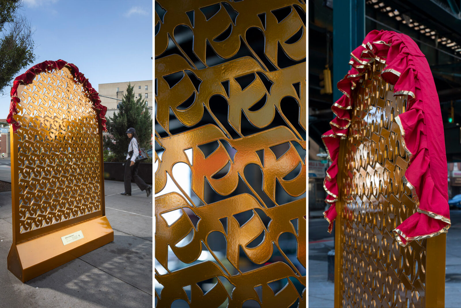 Triptych photo of golden filigreed sculpture with calligraphy and red shawl on top