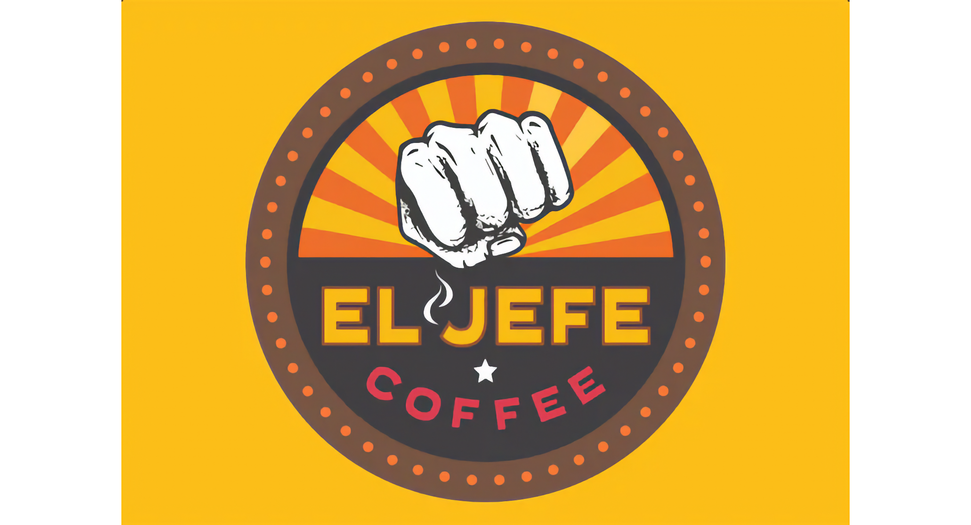 El Jefe Coffee logo featuring a raised fist over orange sunburst rays, set in a circular badge with a dotted brown border on a yellow background.