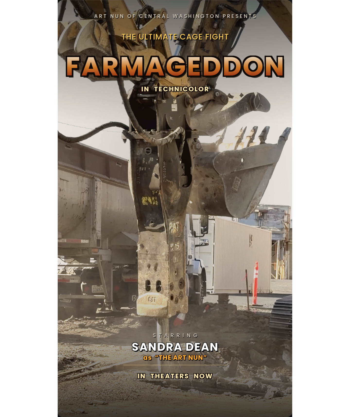 Poster of movie "Farmageddon", showing large pile driver and backhoe, with dump truck in background