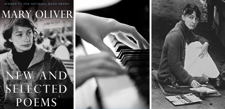 Image montage: (Poet Mary Oliver, anonymous pianist, visual artist Georgia O'Keeffe