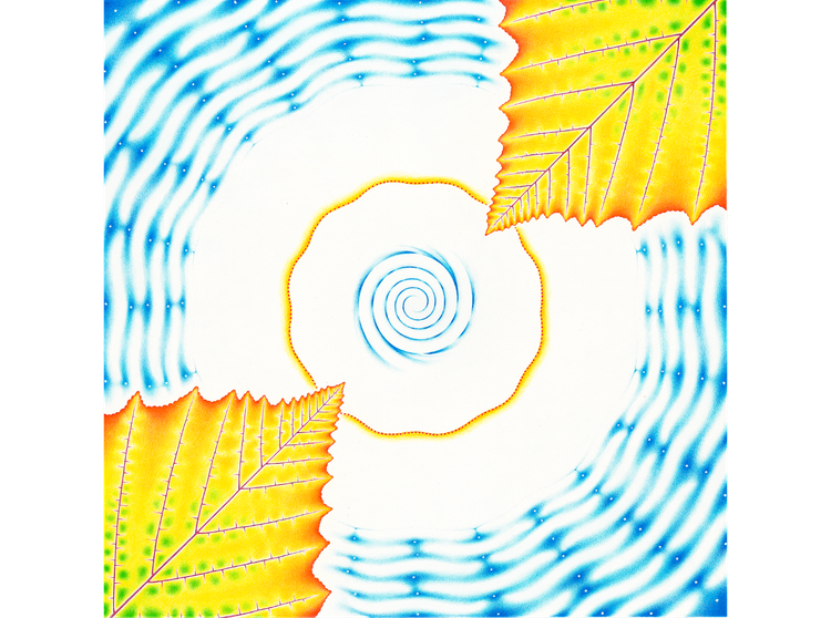 Image of center spiral with gold leafs at bottom left and upper right and blue vibrations at other corners