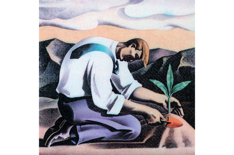 Drawing of man wearing light blue shirt, blue tie, and purple pants, on knees planting a 3-leafed plant in a mound of brown dirt, with brown hills in the background.