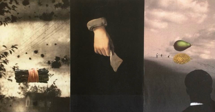 Image of tryptch: bundled sticks over a house, a hand holding a note, a green pear floating in air and small figures