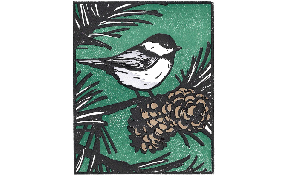 Print of chickadee sitting on pine branch with pine cone, with green background