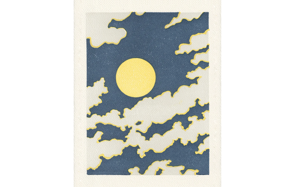 Letterpress artwork of yellow full moon on dark blue sky with gold-edged white clouds in front