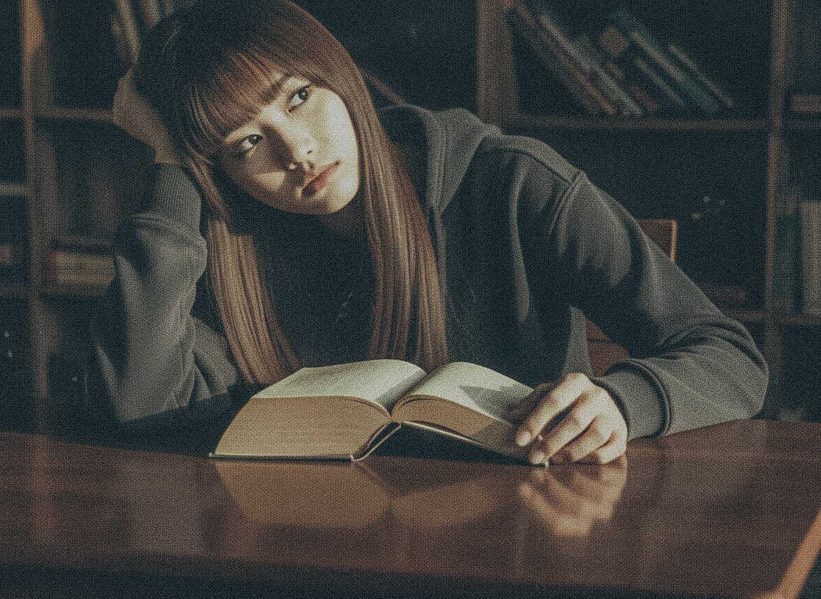 A woman sitting at a table, resting her head on her hand beside an open book looking bored in warm moody light.