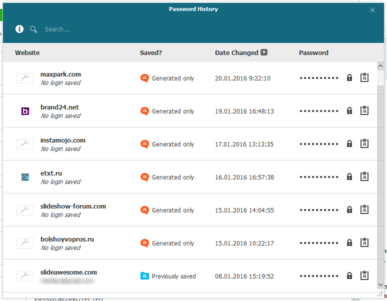 История сгенерированных паролей