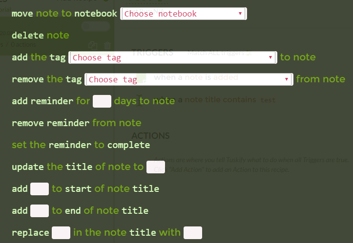 Действия для заметки