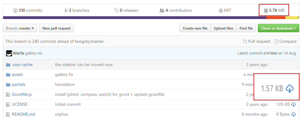 Кнопка «Скачать» и общий размер репозитория в GitHub