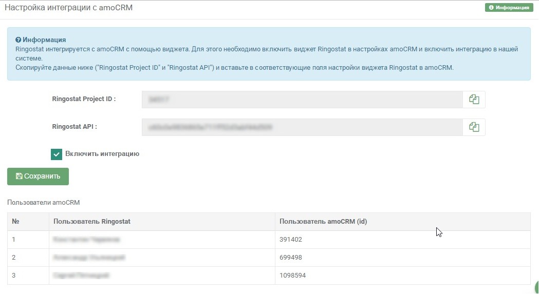 Список сотрудников в amoCRM